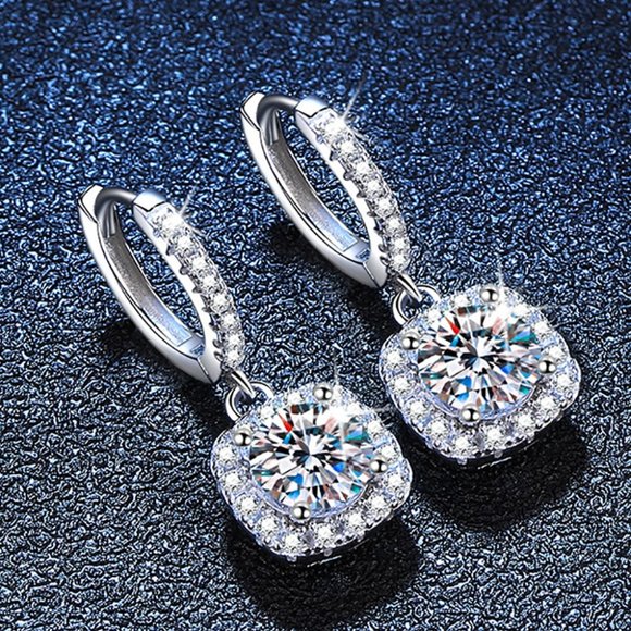 Certified 2ct. t.w. Moissanite Diamond Cushion Halo Drop Hoop Earrings NEW - Picture 4 of 12